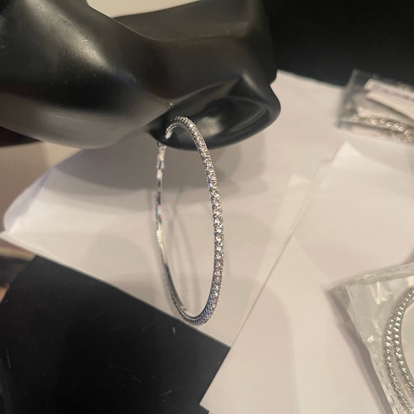 Rhinestone Silver Hoop Earrings - Picture 6 of 7